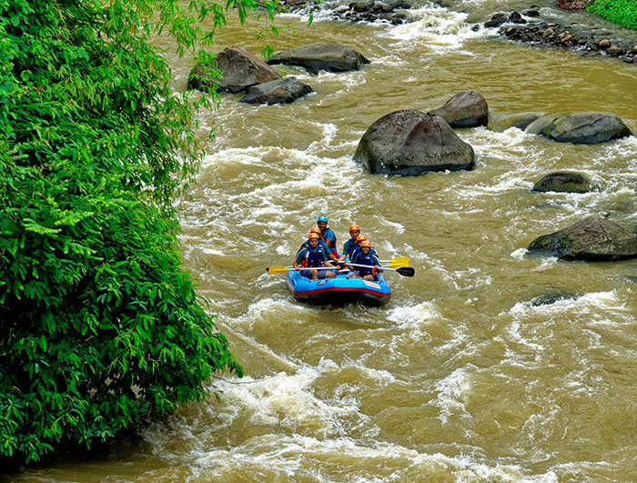 Group of people Whitewater rafting down a river