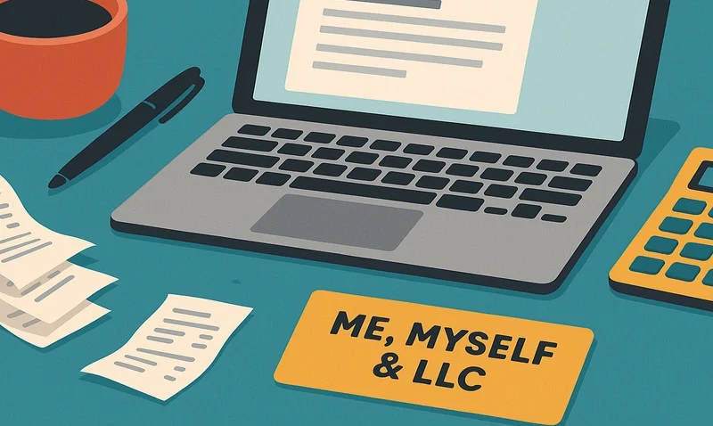 Flat lay of a laptop, coffee cup, and messy receipts next to a business card labeled “Me, Myself & LLC,” representing small business accounting chaos.