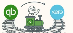 Flat graphic illustration showing SingleTrack transitioning from QuickBooks to Xero. A smiling accountant rides a green train with the SingleTrack logo along curved tracks from the QuickBooks logo to the Xero logo, symbolizing a smooth migration between platforms.