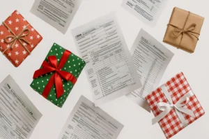 Holiday presents wrapped in colorful paper and bows are falling alongside scattered tax documents, including various forms, all against a white background.