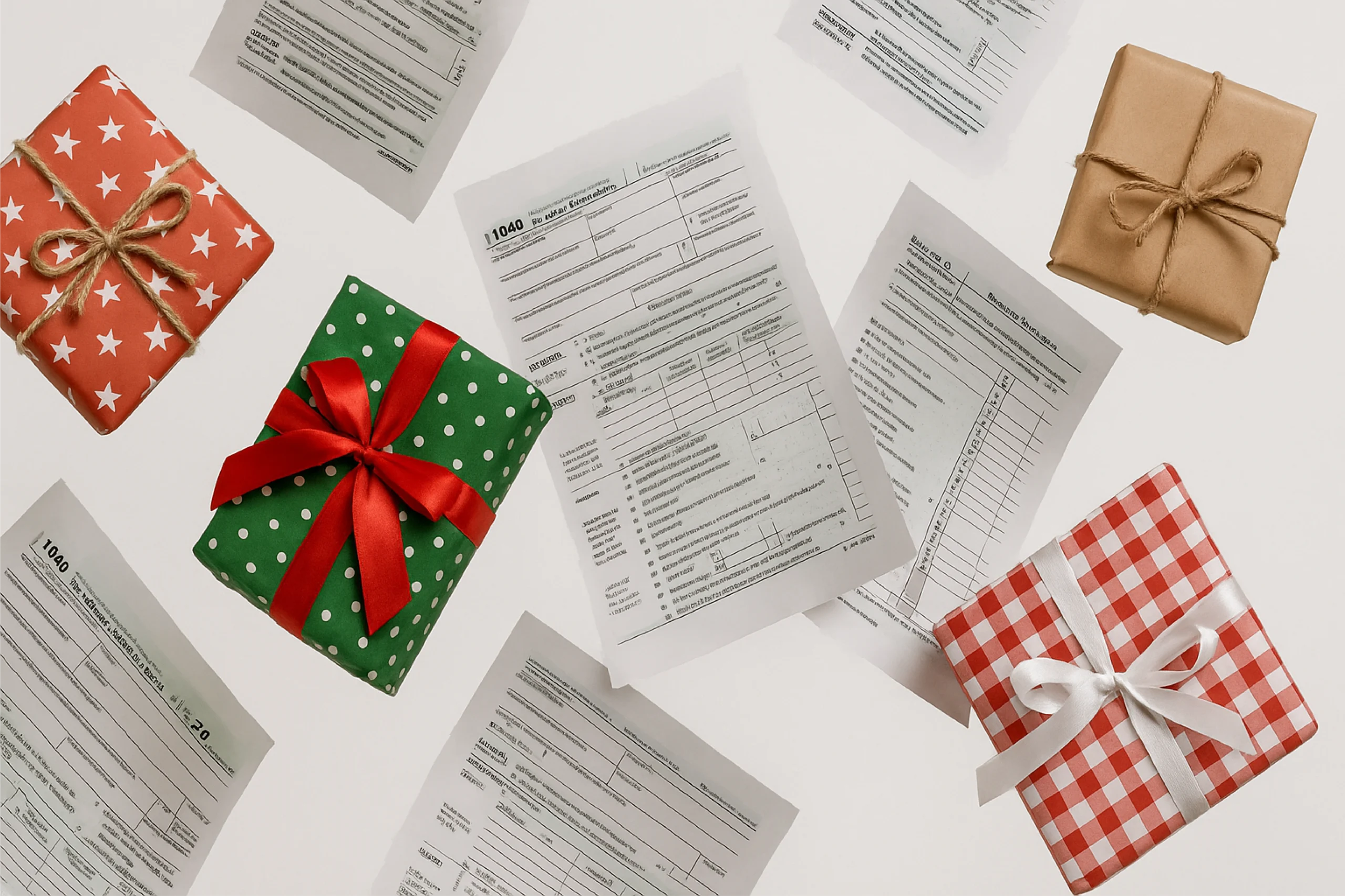 Holiday presents wrapped in colorful paper and bows are falling alongside scattered tax documents, including various forms, all against a white background.